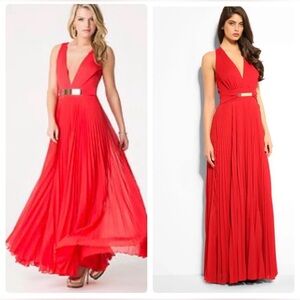 BeBe Womens Red Pleated V-Neck Maxi Dress Sleeveless with a gold belt